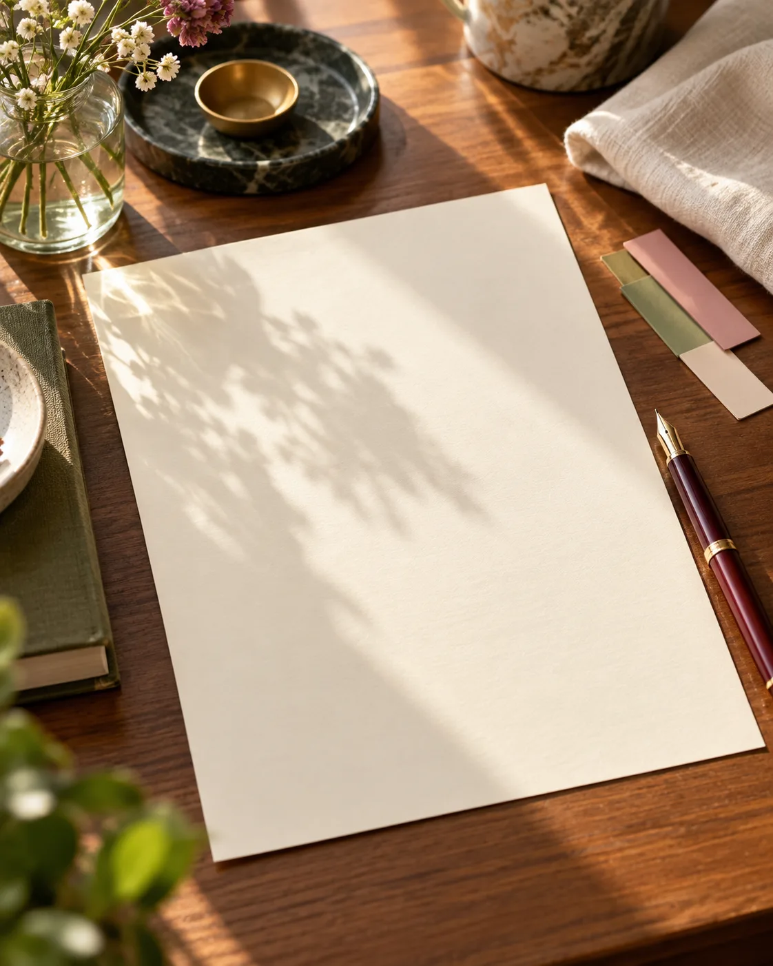 A blank agreement page, pen and paper tabs in afternoon light.