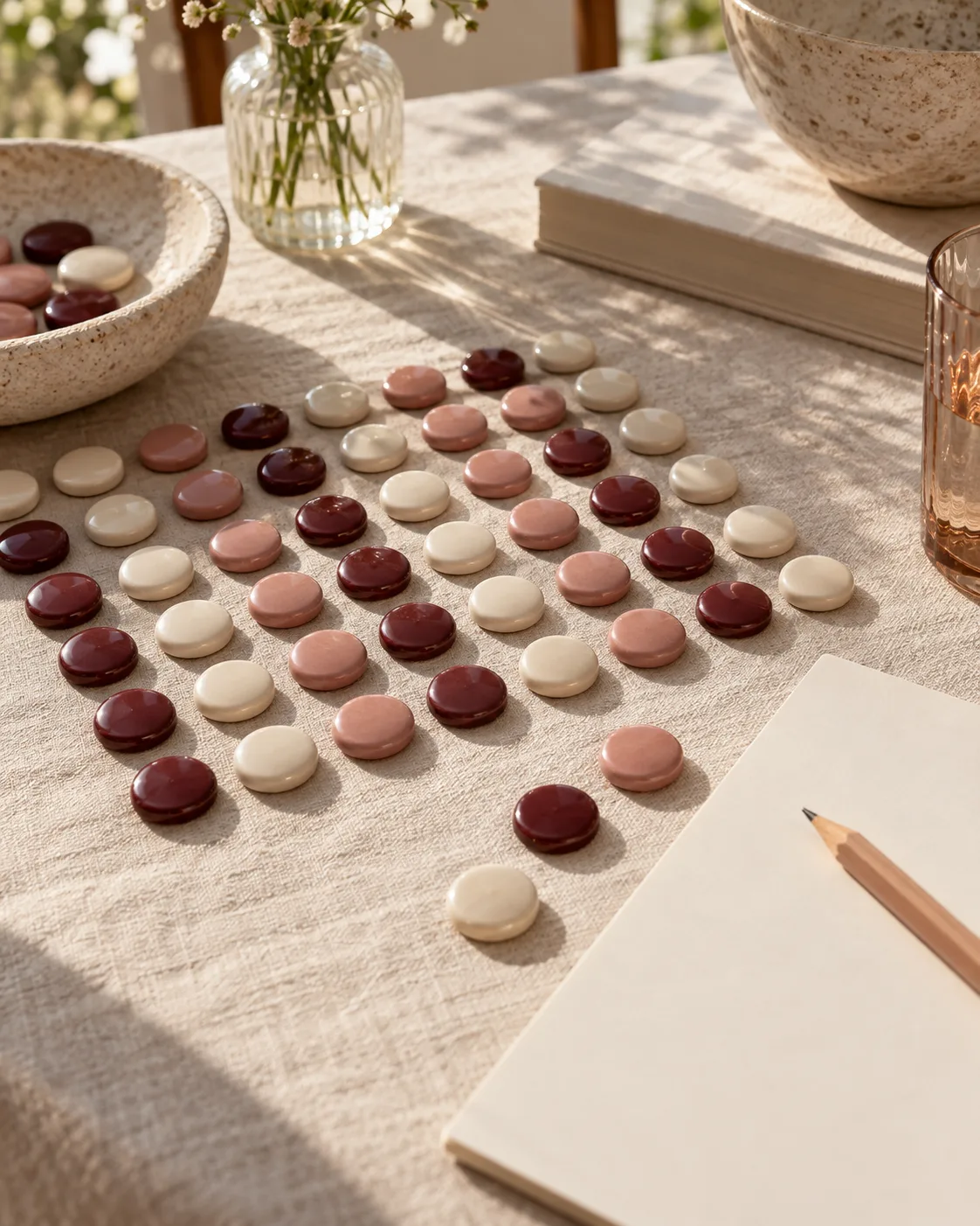 Ivory, rose and burgundy markers arranged on linen in daylight.