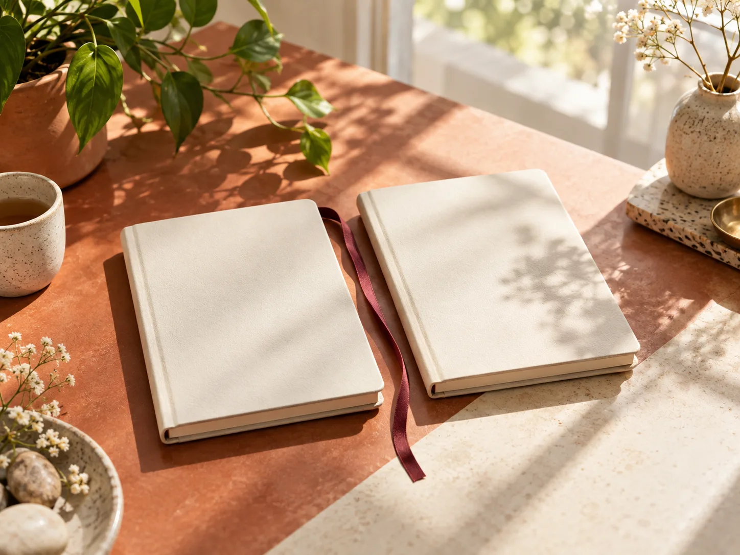 Two private notebooks side by side on a sunlit table.