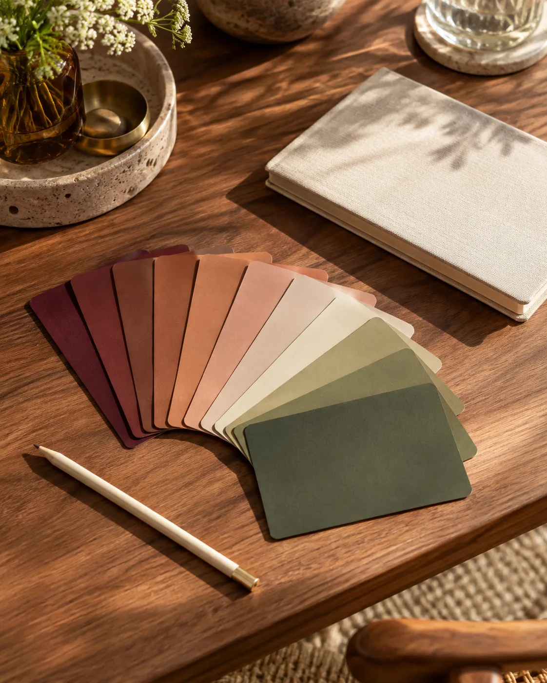A spectrum of unmarked color cards arranged on a sunlit desk.