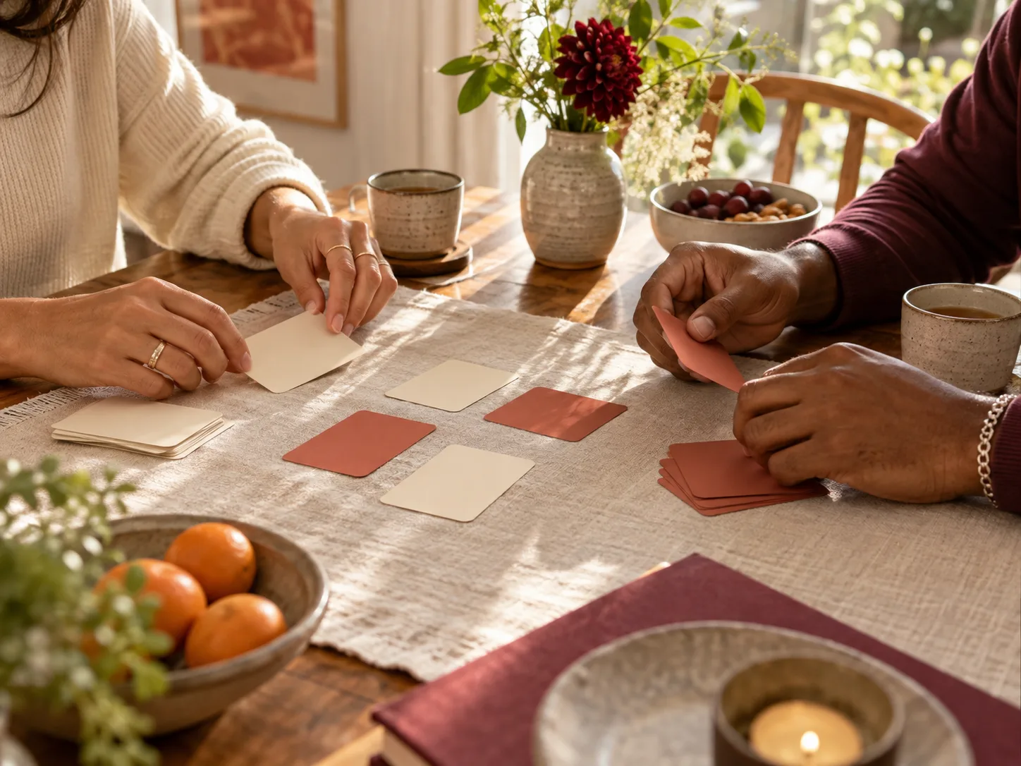 Two adults choosing their own cards together at a sunlit table.