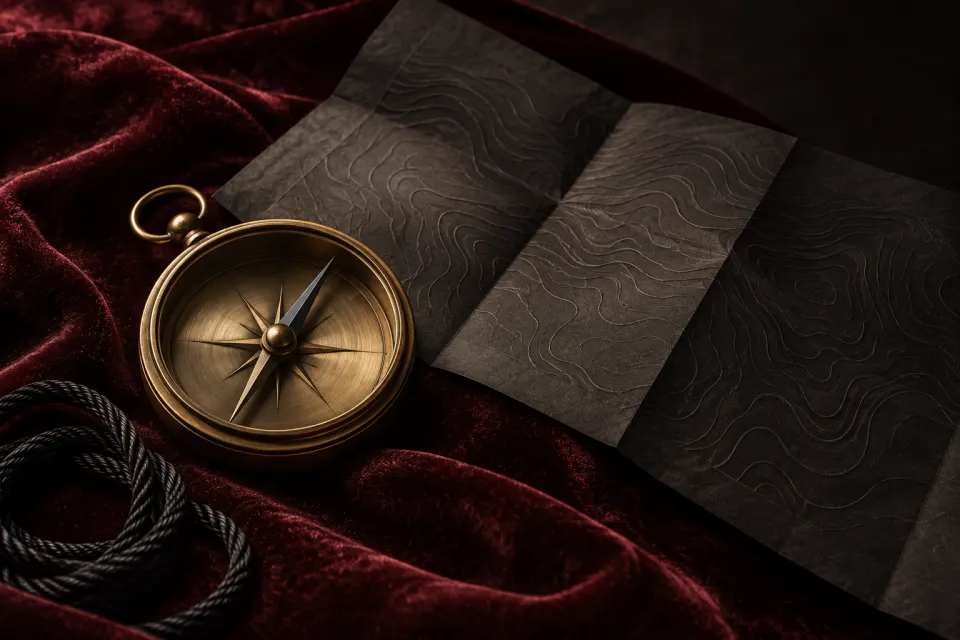 An abstract brass compass and contour map on oxblood velvet.