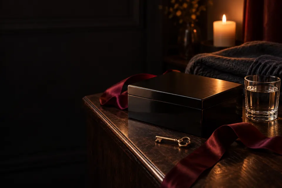 A closed lacquered box, key, water and folded blanket in candlelight.