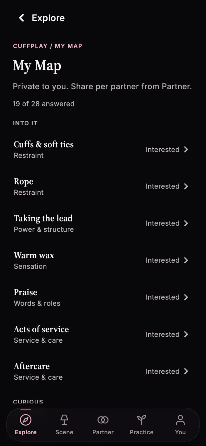 Cuffplay My Map showing private choices.